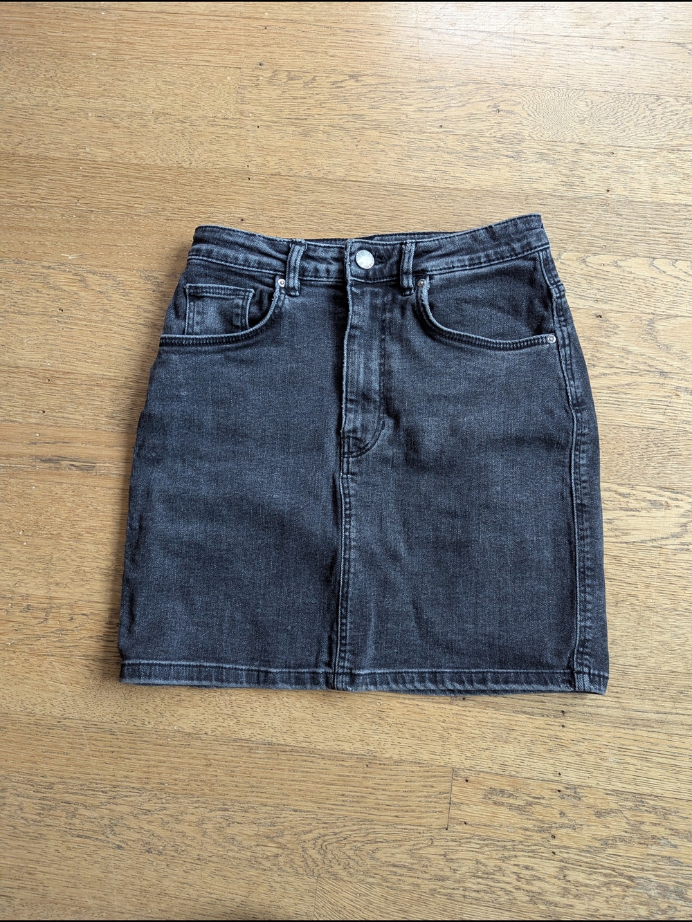 Zara Small Black Washed Denim Midi Skirt